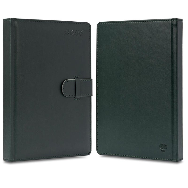 FIS 2026 Agenda Diary, 170x240mm, 1 Side Padded & Sewn Italian PU Cover, Round Corner with Strap Closure, 1 Day a Page Format, English, 70gsm Italian Ivory Paper, Green Cover - FSDI75E26GR - Image 2