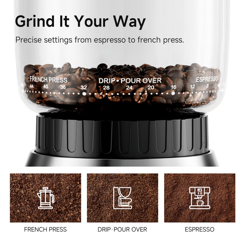HiBREW مطحنة قهوة كهربائية HiBREW G7 - 48 إعداد دقيق للطحن للإسبريسو/التحضير بالتنقيط/الفرنسي، سعة كبيرة لحبوب القهوة، تحكم في الحصة ومضادة للكهرباء الساكنة، مطحنة مخروطية لطحن القهوة الطازجة - Image 3