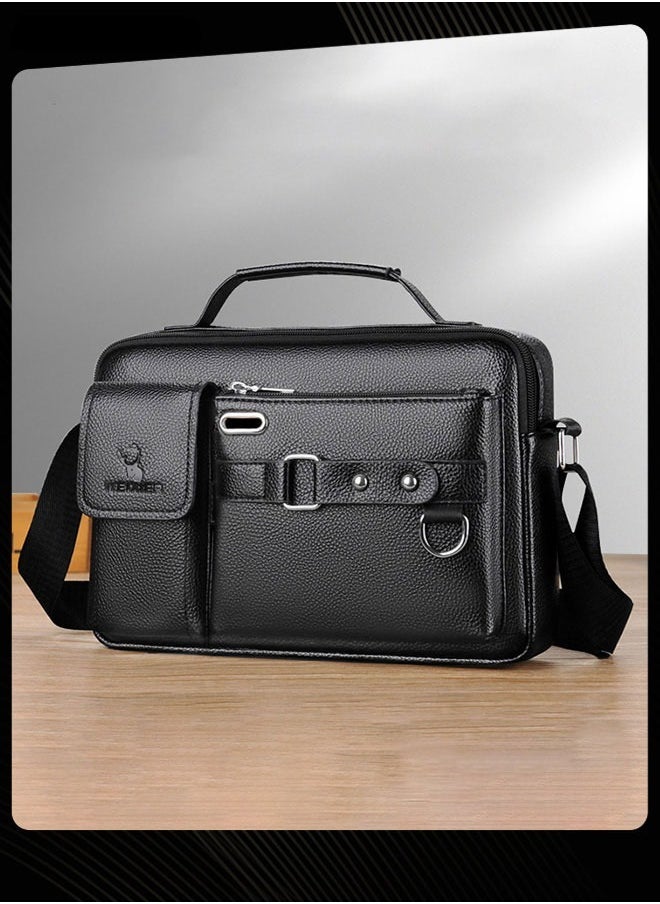 WEIXIER Men Retro Horizontal Shoulder Bag Portable Business Leather Waterproof and Wear Resistant Crossbody Bag with Adjustable Straps for Work Office Black  - Image 1