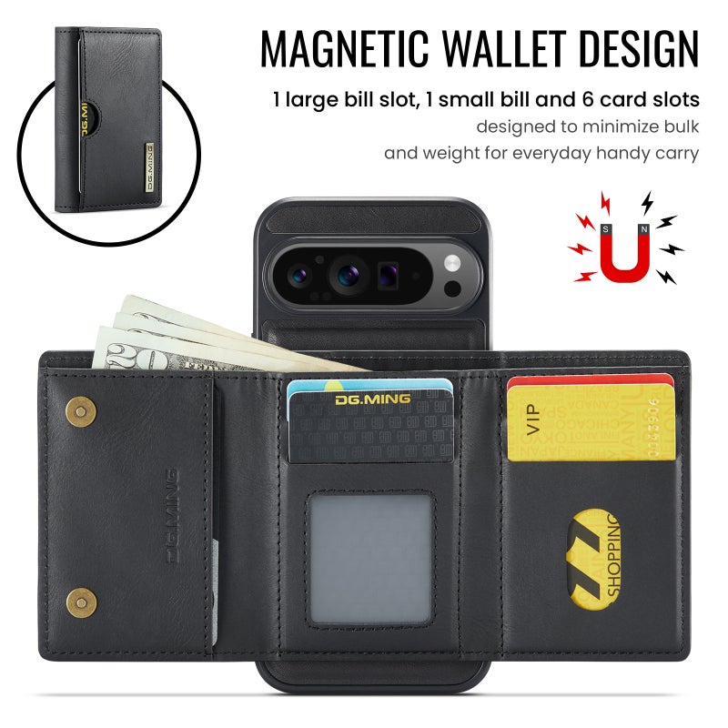 HuHa Case Cover For Google Pixel 9 Pro XL DG.MING M6 Series RFID Tri-fold Card Bag Removable Leather Phone Case(Black) - Image 5