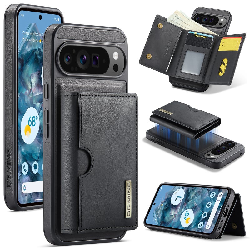 HuHa Case Cover For Google Pixel 9 Pro XL DG.MING M6 Series RFID Tri-fold Card Bag Removable Leather Phone Case(Black) - Image 1