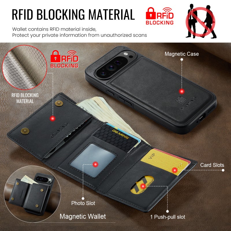 HuHa Case Cover For Google Pixel 9 Pro XL DG.MING M6 Series RFID Tri-fold Card Bag Removable Leather Phone Case(Black) - Image 4