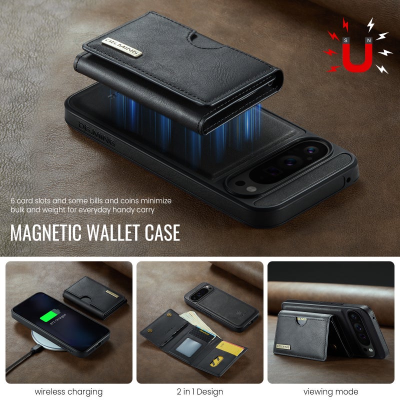 HuHa Case Cover For Google Pixel 9 Pro XL DG.MING M6 Series RFID Tri-fold Card Bag Removable Leather Phone Case(Black) - Image 3