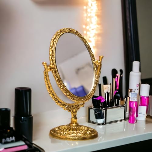 KridayKraft Aluminium Makeup Mirror Dual Sided Magnification for Easy Makeup (Golden), Oval, Tabletop - Image 1