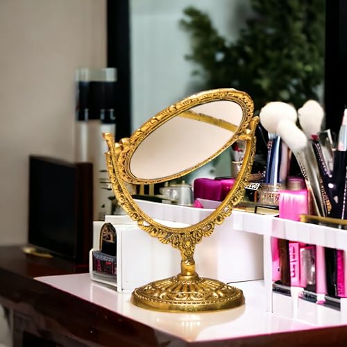 KridayKraft Aluminium Makeup Mirror Dual Sided Magnification for Easy Makeup (Golden), Oval, Tabletop - Image 4