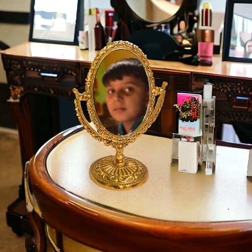 KridayKraft Aluminium Makeup Mirror Dual Sided Magnification for Easy Makeup (Golden), Oval, Tabletop - Image 3