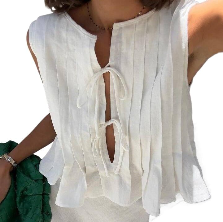 POHADON Womens Y2k Vest Tank Tops Cute Ruffle Cotton Linen Tie Front Shirt Going Out Pleated Summer Cute Lace Up Clothes (White,S) - Image 1