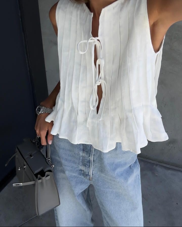 POHADON Womens Y2k Vest Tank Tops Cute Ruffle Cotton Linen Tie Front Shirt Going Out Pleated Summer Cute Lace Up Clothes (White,S) - Image 3