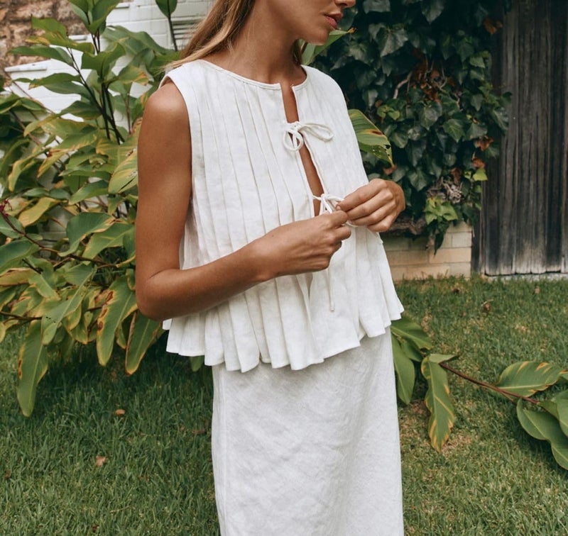 POHADON Womens Y2k Vest Tank Tops Cute Ruffle Cotton Linen Tie Front Shirt Going Out Pleated Summer Cute Lace Up Clothes (White,S) - Image 4