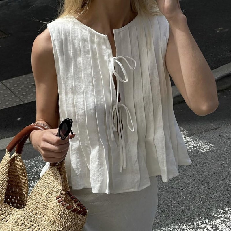 POHADON Womens Y2k Vest Tank Tops Cute Ruffle Cotton Linen Tie Front Shirt Going Out Pleated Summer Cute Lace Up Clothes (White,S) - Image 2