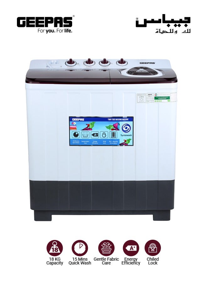 18 Kg Twin Tub Semi-Automatic Washing Machine - Strong Pulsator, Air Dry Spin, 680W (White/Red/Black) 18 kg 680 W GSWM18050 White/Red/Black