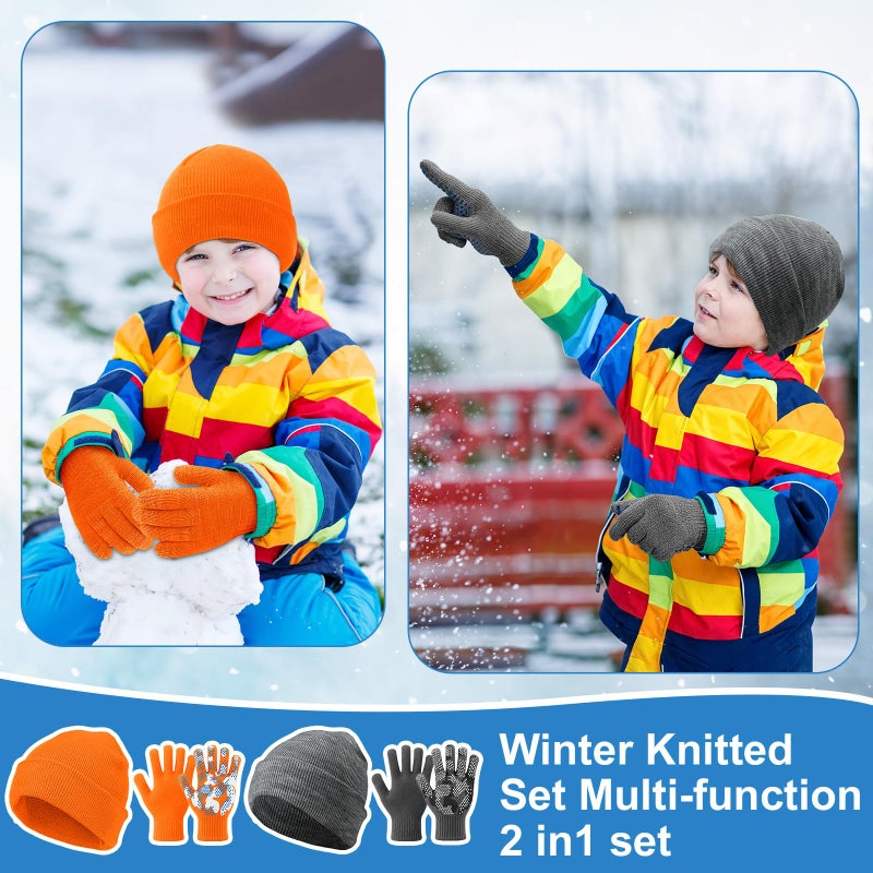 Evervibe 8 Pack Kids Beanie Hats and Gloves Set Knitted Beanies Hat Warm Stretch Gripper Gloves Winter Hats for Boys Girls(Vibrant,5-11 Years) - Image 5