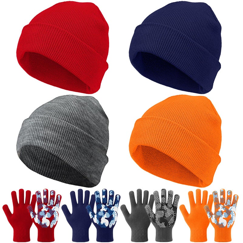 Evervibe 8 Pack Kids Beanie Hats and Gloves Set Knitted Beanies Hat Warm Stretch Gripper Gloves Winter Hats for Boys Girls(Vibrant,5-11 Years) - Image 1
