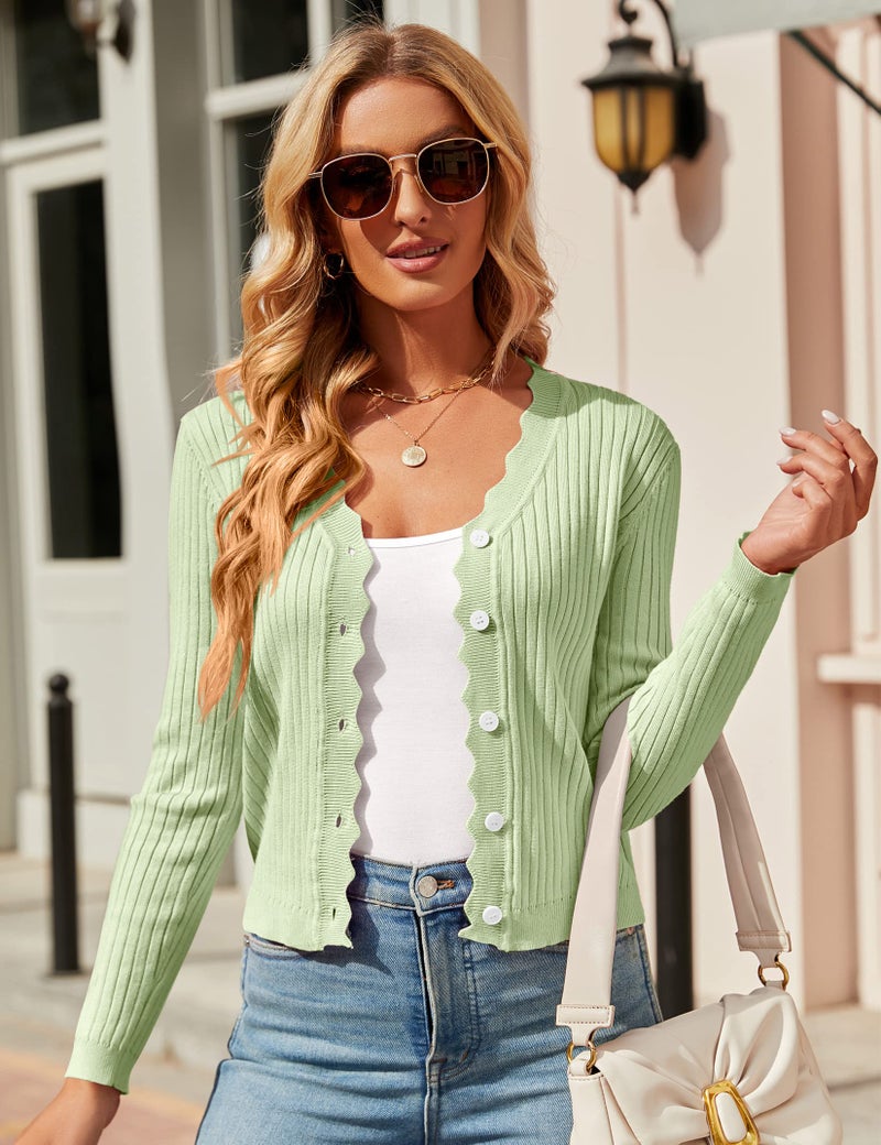 SECRETEYARD Womens Cropped Cardigan Knit Shrugs for Dresses Tops V Neck Button Down Cardigans Sweaters Green - Image 2