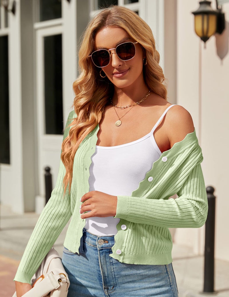 SECRETEYARD Womens Cropped Cardigan Knit Shrugs for Dresses Tops V Neck Button Down Cardigans Sweaters Green - Image 4