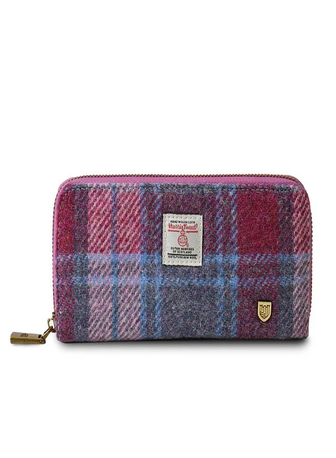 Islander HarrisTweed & PU Leather women’s long zip purse, Pink and Blue Tartan, Carry Cash & card, Scottish Style - Image 1