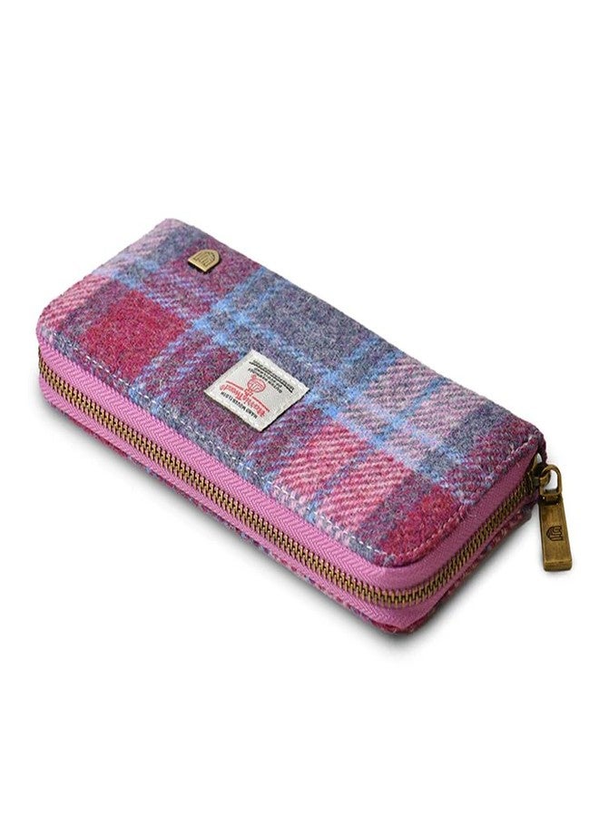 Islander HarrisTweed & PU Leather women’s long zip purse, Pink and Blue Tartan, Carry Cash & card, Scottish Style - Image 2