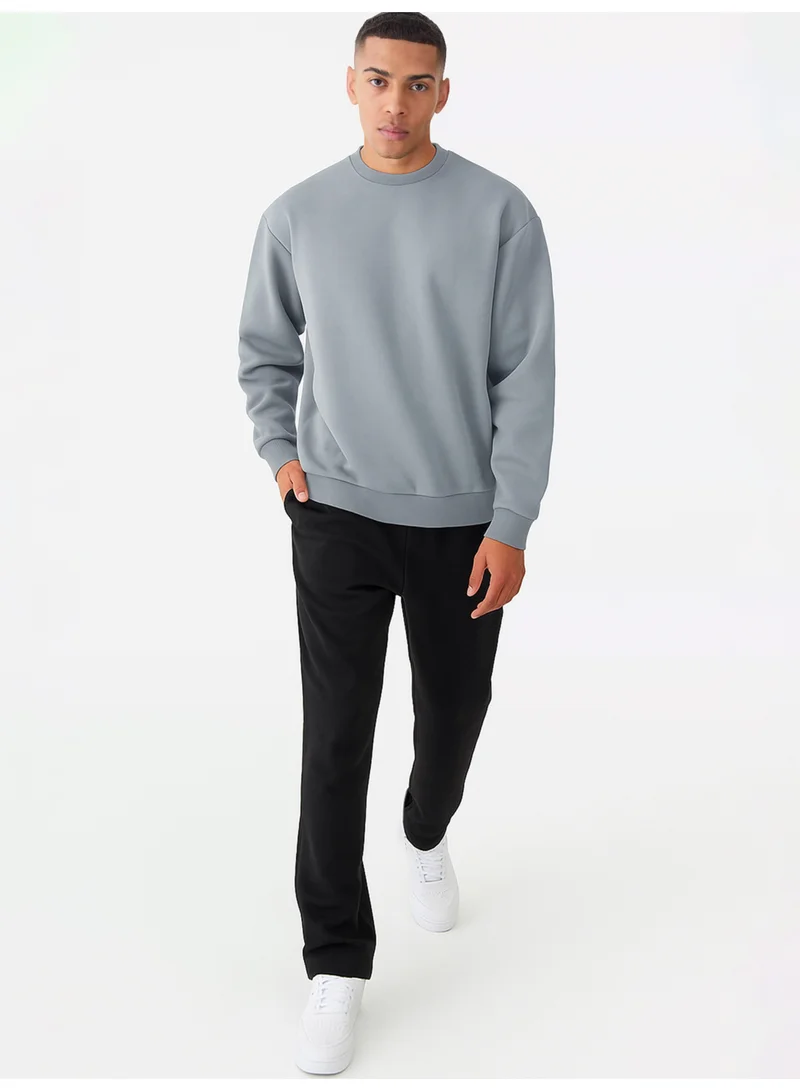 Maniac Maniac Mens Solid Round Neck Long Sleeve Ligth Grey Cotton Fleece Sweatshirt