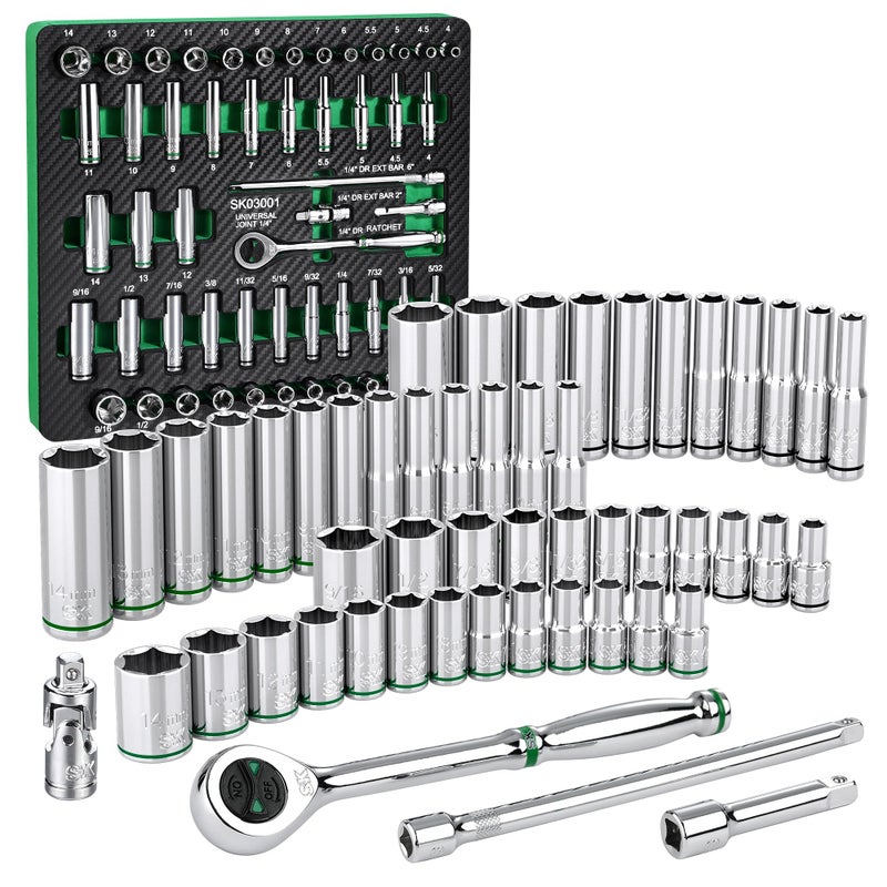 SK 14 Drive Socket Set with 160P Ratchet 52Piece SAE Metric SuperKrome Finish Premium CRV Construction with EVA Foam Tool Organizer