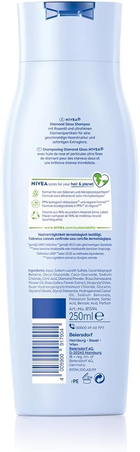 Nivea شامبو نيفيا دايموند جلوس - شامبو مغذي للشعر مع جزيئات الماس وزيت الورد - شامبو عناية مكثفة للشعر الجميل اللامع طبيعياً 250 مل - Image 2