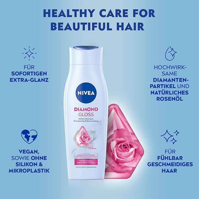 Nivea شامبو نيفيا دايموند جلوس - شامبو مغذي للشعر مع جزيئات الماس وزيت الورد - شامبو عناية مكثفة للشعر الجميل اللامع طبيعياً 250 مل - Image 3