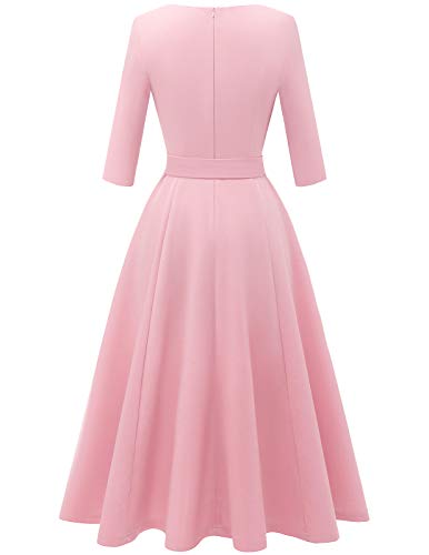 DRESSTELLS Women's Cocktail Dresses, Formal Wedding Guest Holiday Tea Party Dress Knee Length, Long Sleeve Bridesmaid Graduation Evening Baby Shower Brithday Gala Modest Aline Fit Flare, Pink L - Image 3