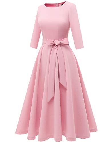 DRESSTELLS Women's Cocktail Dresses, Formal Wedding Guest Holiday Tea Party Dress Knee Length, Long Sleeve Bridesmaid Graduation Evening Baby Shower Brithday Gala Modest Aline Fit Flare, Pink L - Image 2
