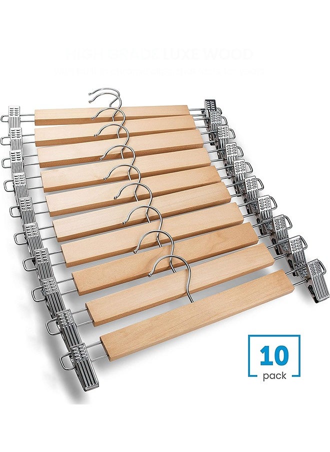 CityRiya-Long Pants Hangers with Clips Non-Slip Clothes Hangers 10 Pack Adjustable Jeans Skirt Hangers Clothes Hangers Coat Hanger Wooden Pants Hangers with 360° Swivel Hook  - Image 1