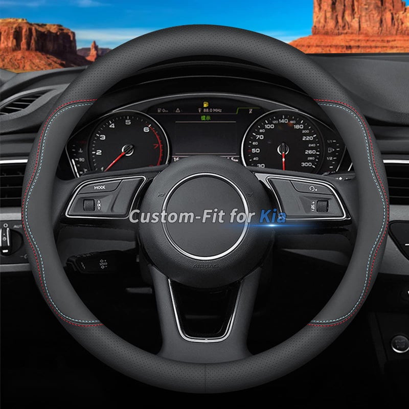Deer Route Custom-Fit for Kia Steering Wheel Cover, Premium Leather Car Steering Wheel Cover with Logo, Non-Slip, Breathable, for Kia Accessories (A-Style,for Kia)