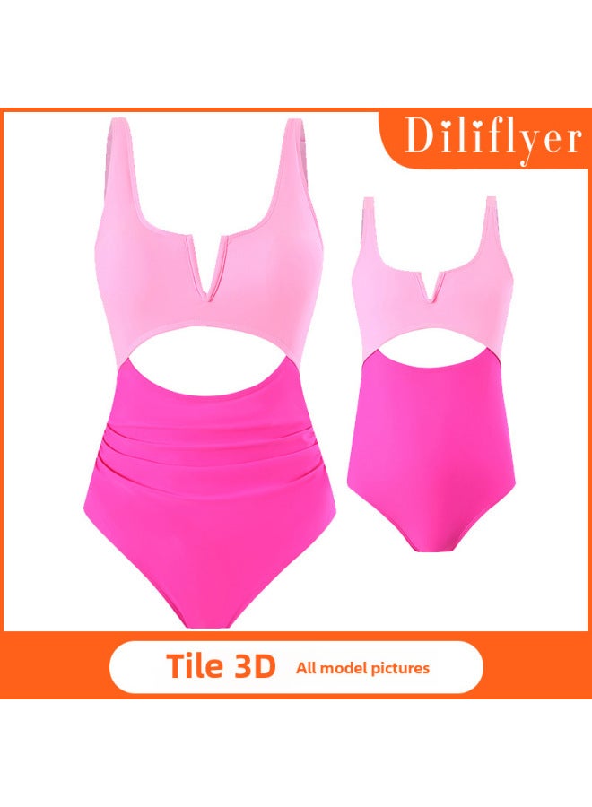 Loquat 2024 European And American One-piece Swimsuit Women's Nylon Color Contrast Parent-child Adult Children's Swimsuit Manufacturers Wholesale-Color:Green- - Image 3