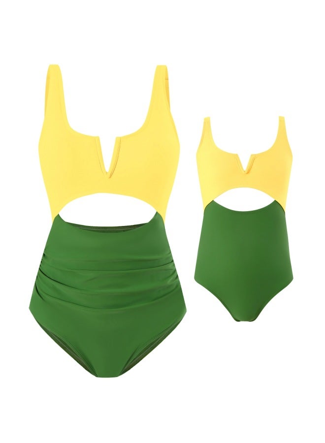 Loquat 2024 European And American One-piece Swimsuit Women's Nylon Color Contrast Parent-child Adult Children's Swimsuit Manufacturers Wholesale-Color:Green- - Image 1