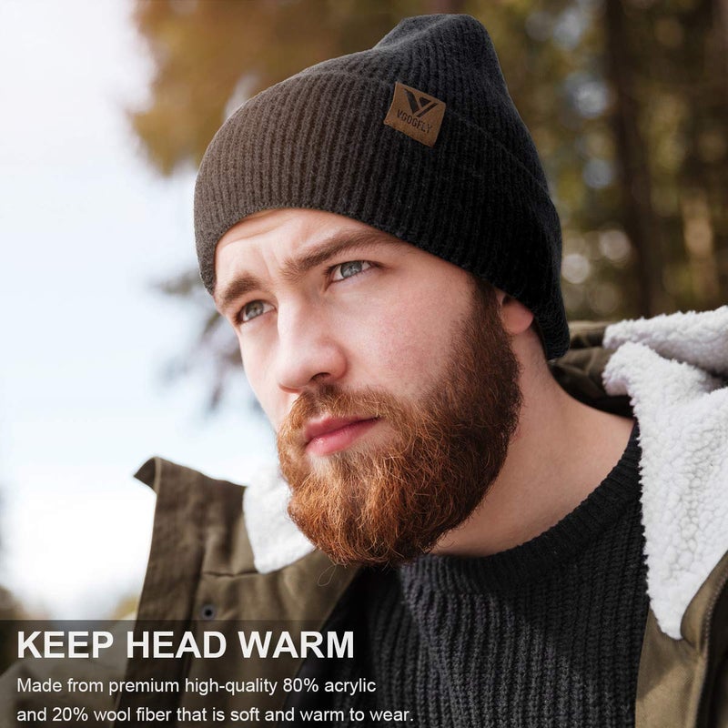 Vgogfly Beanie Men Slouchy Knit Skull Cap Warm Stocking Hats Guys Women Striped Winter Beanie Hat Cuffed Plain Hat Black - Image 3