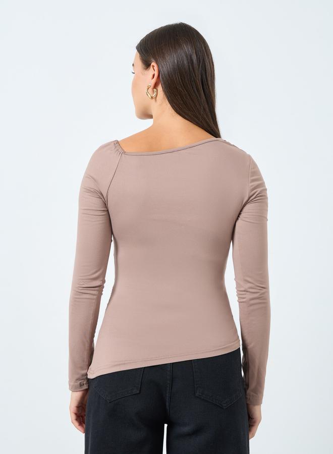Styli Brown Asymmetric Neck Fitted Knit Top - Image 4