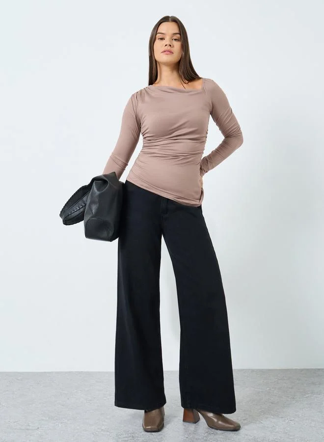 Styli Styli Brown Asymmetric Neck Fitted Knit Top