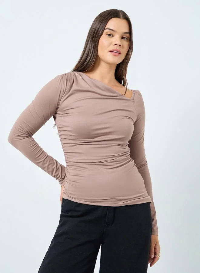 Styli Styli Brown Asymmetric Neck Fitted Knit Top