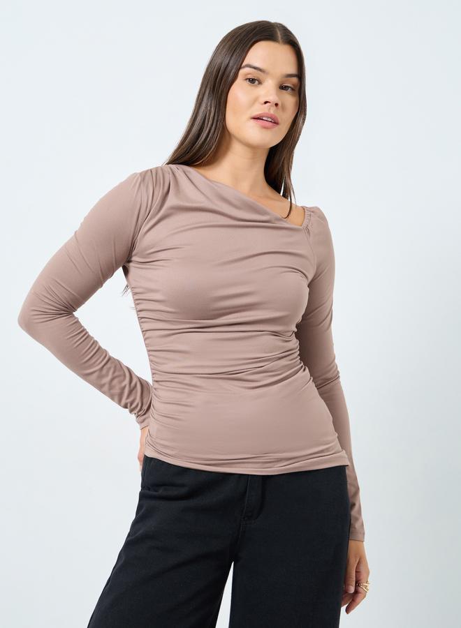 Styli Brown Asymmetric Neck Fitted Knit Top - Image 1