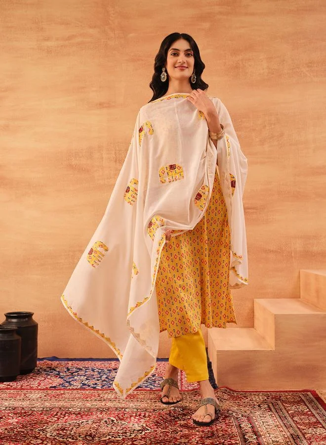 ISHIN Women's Yellow 100% Cotton Printed Tunic Top With Ankle Palazzo Straight 3 Peice Kurta Set