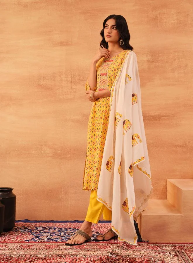 آي شين Women's Yellow 100% Cotton Printed Tunic Top With Ankle Palazzo Straight 3 Peice Kurta Set