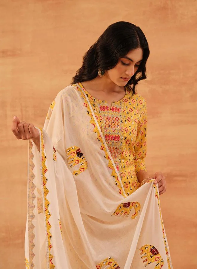 آي شين Women's Yellow 100% Cotton Printed Tunic Top With Ankle Palazzo Straight 3 Peice Kurta Set