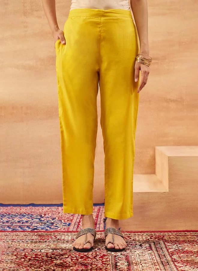 آي شين Women's Yellow 100% Cotton Printed Tunic Top With Ankle Palazzo Straight 3 Peice Kurta Set