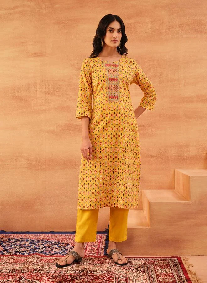 آي شين Women's Yellow 100% Cotton Printed Tunic Top With Ankle Palazzo Straight 3 Peice Kurta Set