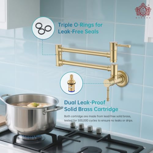 GICASA Pot Filler Faucet Wall Mounted Double Joint Swing Arm Single Hole Brushed Gold Two Handles Brass Folding Stretchable Kitchen Faucet - Image 4
