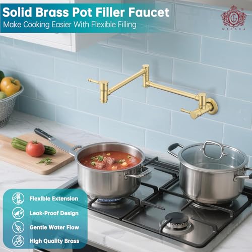 GICASA Pot Filler Faucet Wall Mounted Double Joint Swing Arm Single Hole Brushed Gold Two Handles Brass Folding Stretchable Kitchen Faucet - Image 3