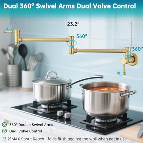 GICASA Pot Filler Faucet Wall Mounted Double Joint Swing Arm Single Hole Brushed Gold Two Handles Brass Folding Stretchable Kitchen Faucet - Image 5
