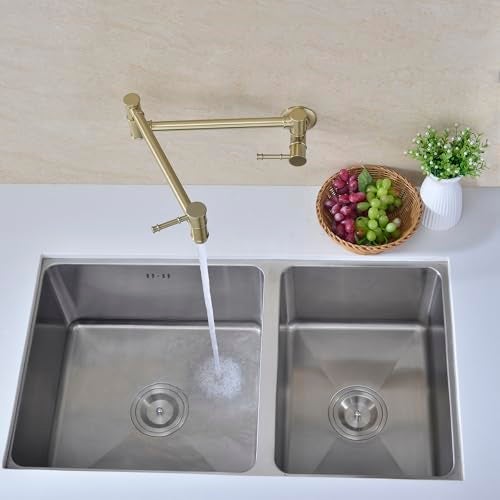 GICASA Pot Filler Faucet Wall Mounted Double Joint Swing Arm Single Hole Brushed Gold Two Handles Brass Folding Stretchable Kitchen Faucet - Image 2