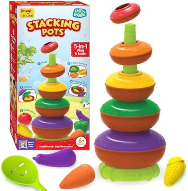 Imagimake Stacking Pots Toys | Leaps & Bounds Baby Toys for 6+ Months | Educational Toy for Toddlers, Infants | 5-in-1 Play & Learn | Stacking, Nesting, Pretend Play | Ramadan Eid Gifts for Babies - Image 3