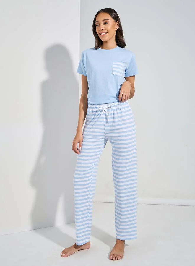 Styli Cotton Striped Pocket T-Shirt & Pyjama Set