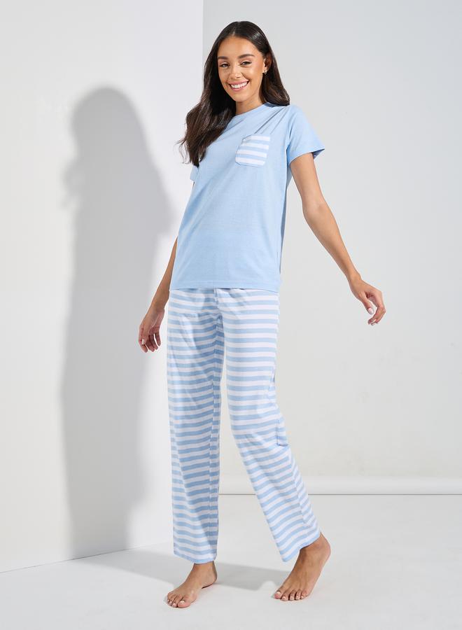 Styli Cotton Striped Pocket T-Shirt & Pyjama Set  - Image 2