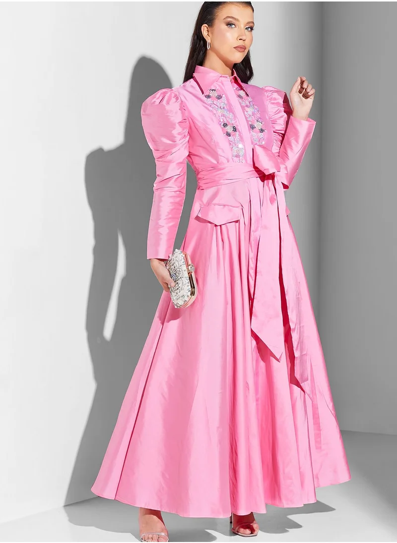 Namshi x Nour Embroidered Dress With Belt