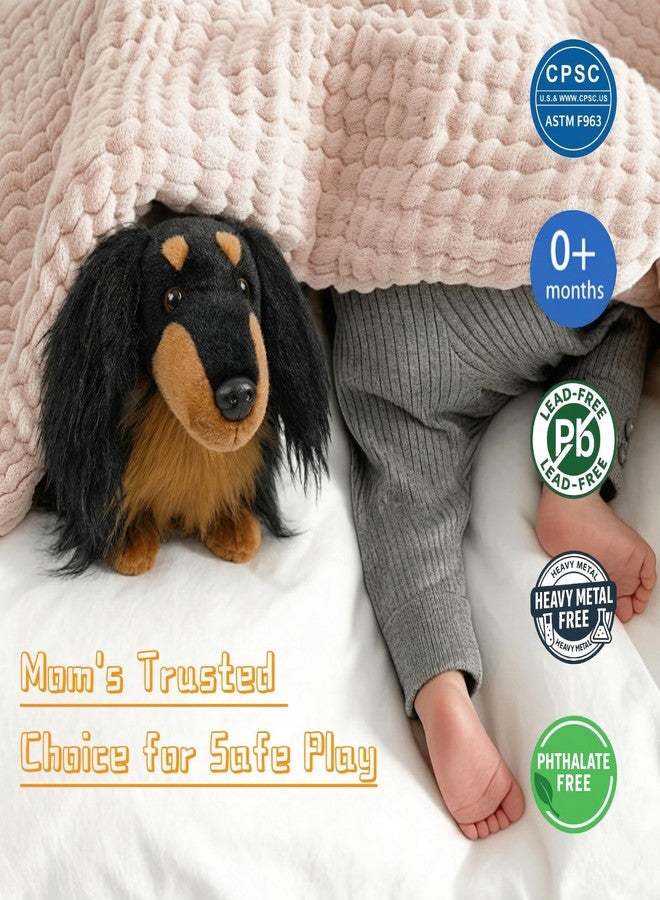 JUSTQUNSEEN 17" Dachshund Stuffed Animal Dog Plush Toy Standing Black Tan Wiener Realistic Long Haired with Fluffy Curly Fur Lifelike Sausage Doxie Puppy Gifts for Kids Decor Dog Lover Non-Vacuumed Gift Ready - Image 2